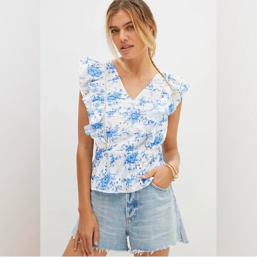 Anthropologie Forever That Girl Blue and white Peplum Top